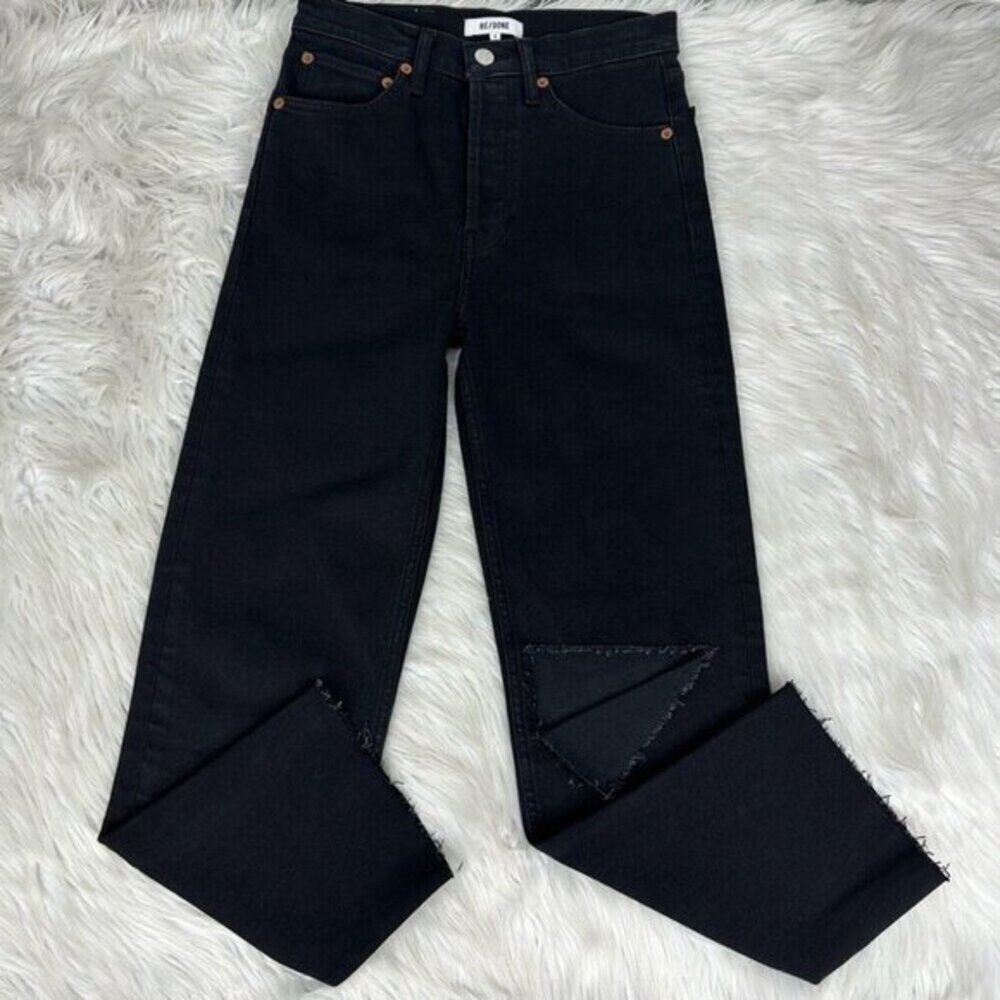 Re/Done 70s Stove Pipe Jeans Noir with Rip Black‎ High Rise Straight Leg 26